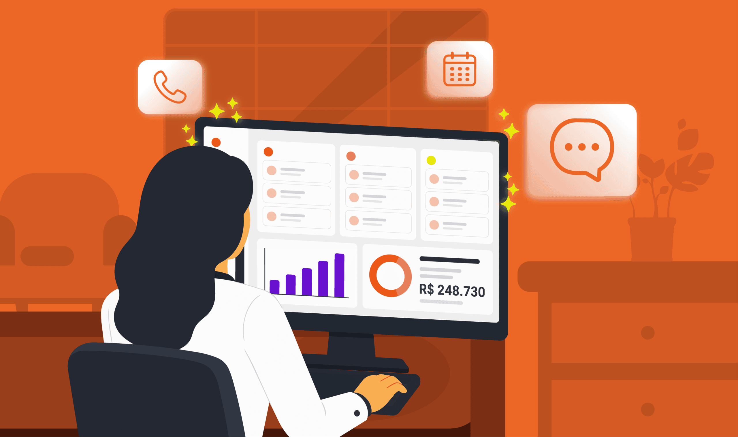 Imagem ilustrativa de profissional utilizando painel de CRM dentistas, com indicadores financeiros, agenda e canais de comunicação como telefone e chat, software odontológico Clinicorp.