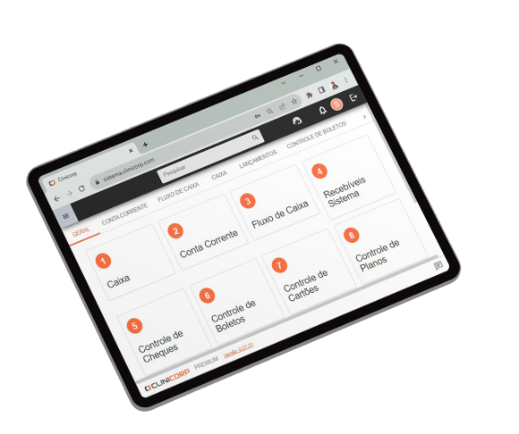 Melhor software de gestão para franquias. tela inicial do sistema Clinicorp em um tablet