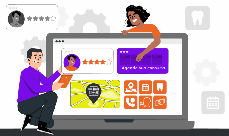 5 coisas que um site para dentista deve ter: imagem ilustrada de duas pessoas acessando o site de uma clínica odontológica pelo notebook e vendo contatos e localização da clínica.