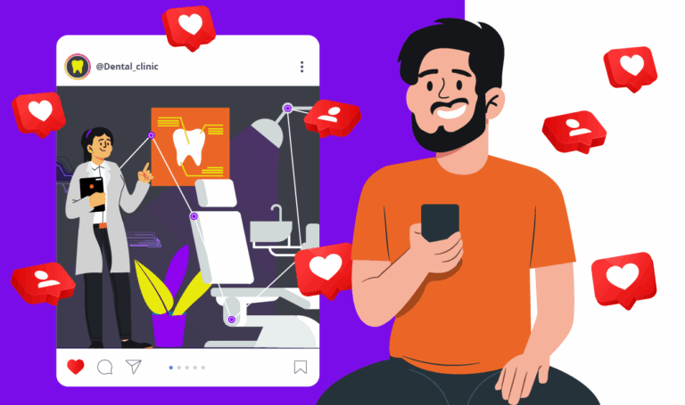 A imagem mostra um rapaz segurando um telefone, com uma tela de rede social ao lado, onde mostra uma clínica.