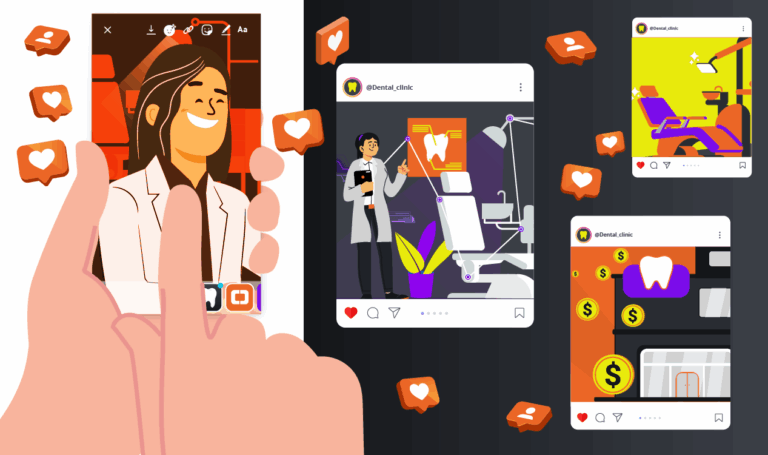 Instagram dentista: imagem ilustrada de dentista fazendo posts na rede social.