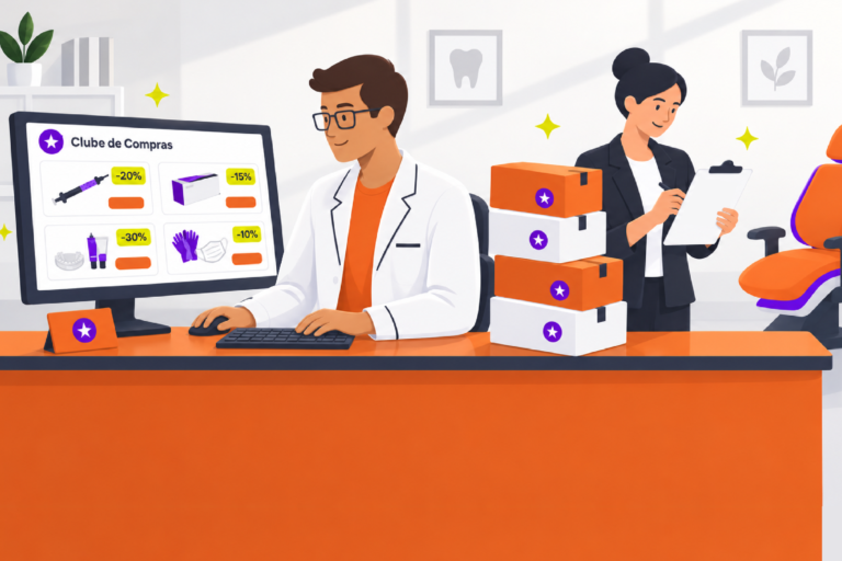 Ilustração de dentista acessando o Clube de Compras Clinicorp no computador, com produtos odontológicos em desconto na tela, enquanto uma colaboradora anota um pedido ao lado de caixas empilhadas na clínica.