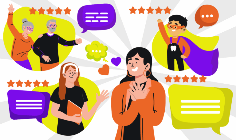 Relacionamento com o cliente: imagem ilustrada de gestora de clínica feliz com o reconhecimento de pacientes de todas as idades.