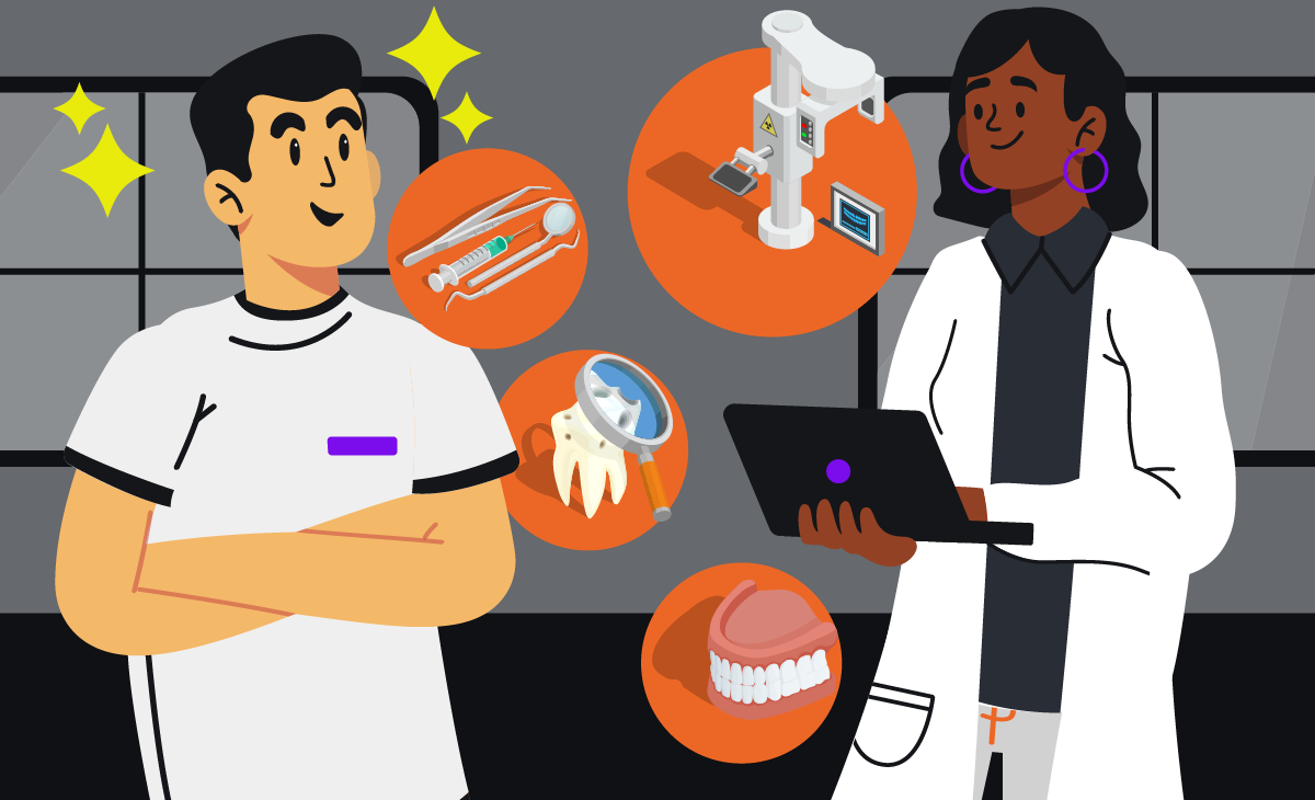 Tratamento Ortodôntico: ilustração de dentistas montando um plano de tratamento com aparelhos dentários.