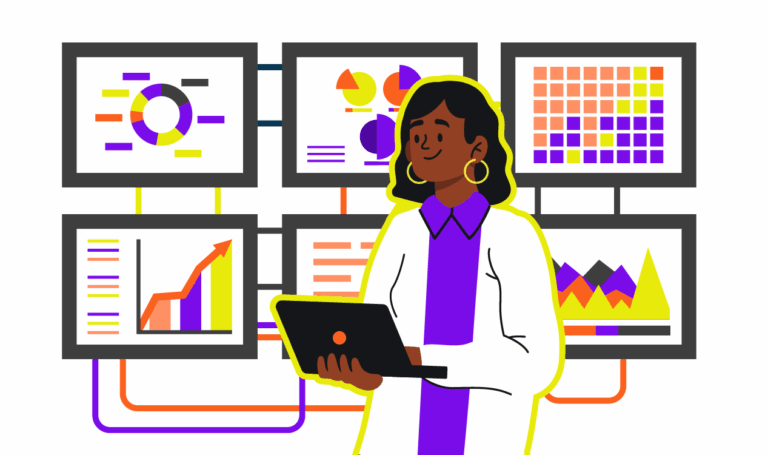 Automatização de processos. Ilustração de dentista mexendo no notebook rodeada por dashboards de análises automatizados.
