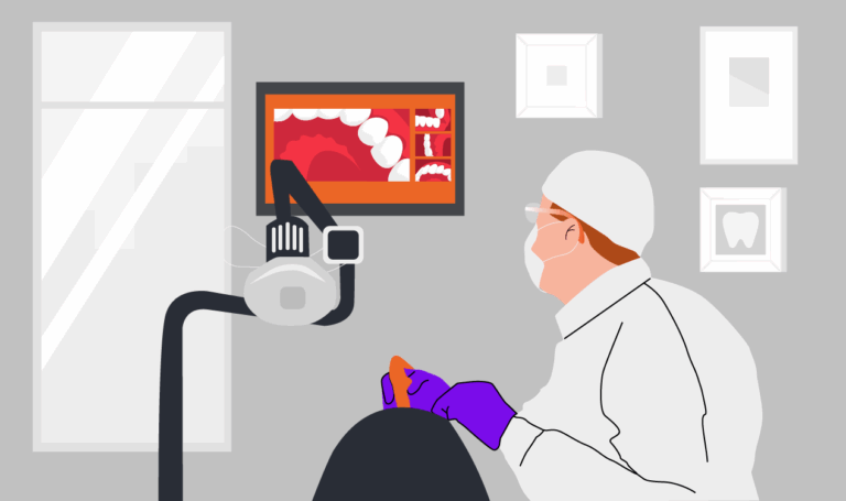 Câmera intraoral. Imagem ilustrativa de um dentista no consultório com um paciente, onde ele mostra o procedimento que está realizando via câmera intraoral.