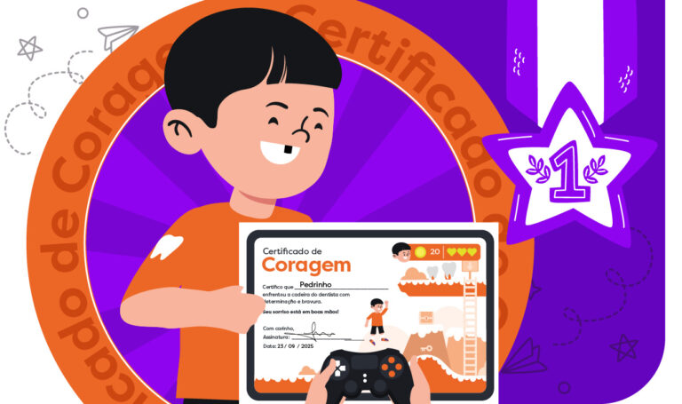 Imagem ilustrativa de uma criança sorridente segurando um certificado de coragem após a consulta odontológica. O certificado celebra a bravura ao enfrentar a cadeira do dentista, tornando a experiência infantil mais leve, positiva e divertida.