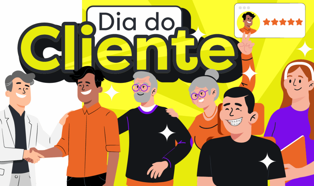 Dia do Cliente Odontologia. Imagem ilustrativa de um dentista dando um aperto de mãos em um de seus pacientes, ao lado de outros clientes e uma avaliação 5 estrelas de seu consultório.