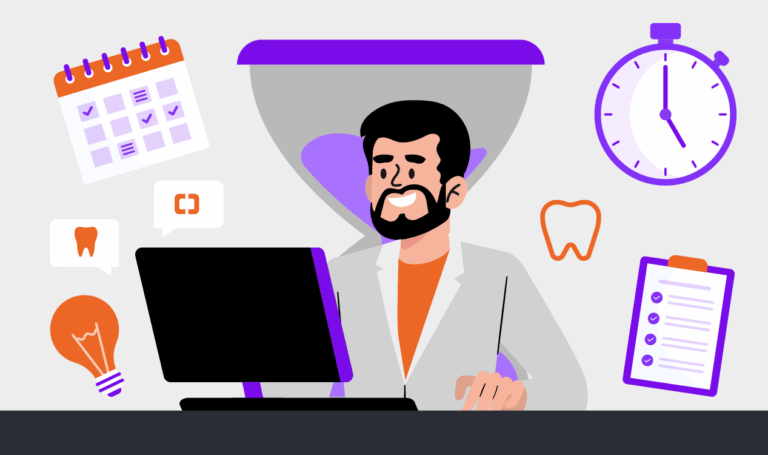 Ilustração de um dentista organizando a rotina no computador com calendário, checklist e relógio, representando a gestão de tempo e otimização de processos na odontologia.