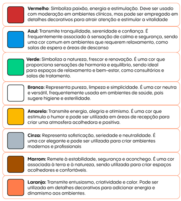 decoração clínica odontológica. descrição das cores vermelho, azul, verde, branco, amarelo, cinza, marrom e laranja.