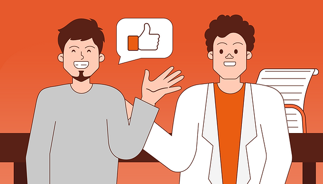 reputação online. dentista sorrindo na clínica odontológica com paciente feliz e gerando uma boa reputação ao gestor.