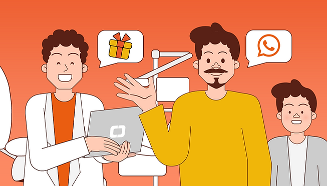 Dia dos pais dentista. Dentista feliz sorrindo com o computador na mão utilizando o software odontológico da Clinicorp com um paciente e seus filhos ao lado felizes.