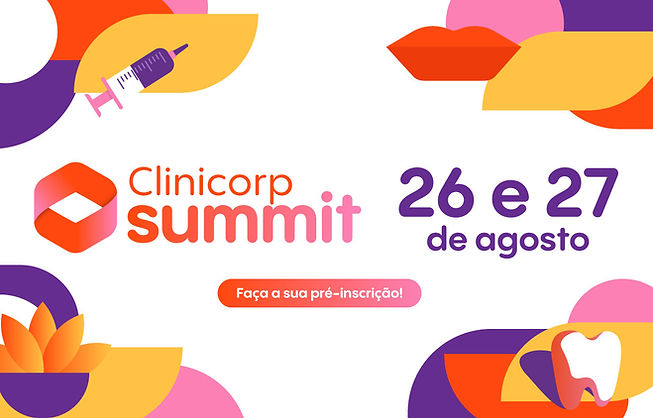 Clinicorp Summit 2022. Elementos gráficos cercando a descrição do evento Clinicorp Summit.