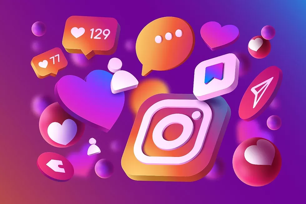 Instagram para dentistas. Ícones do instagram flutuando, fundo roxo.