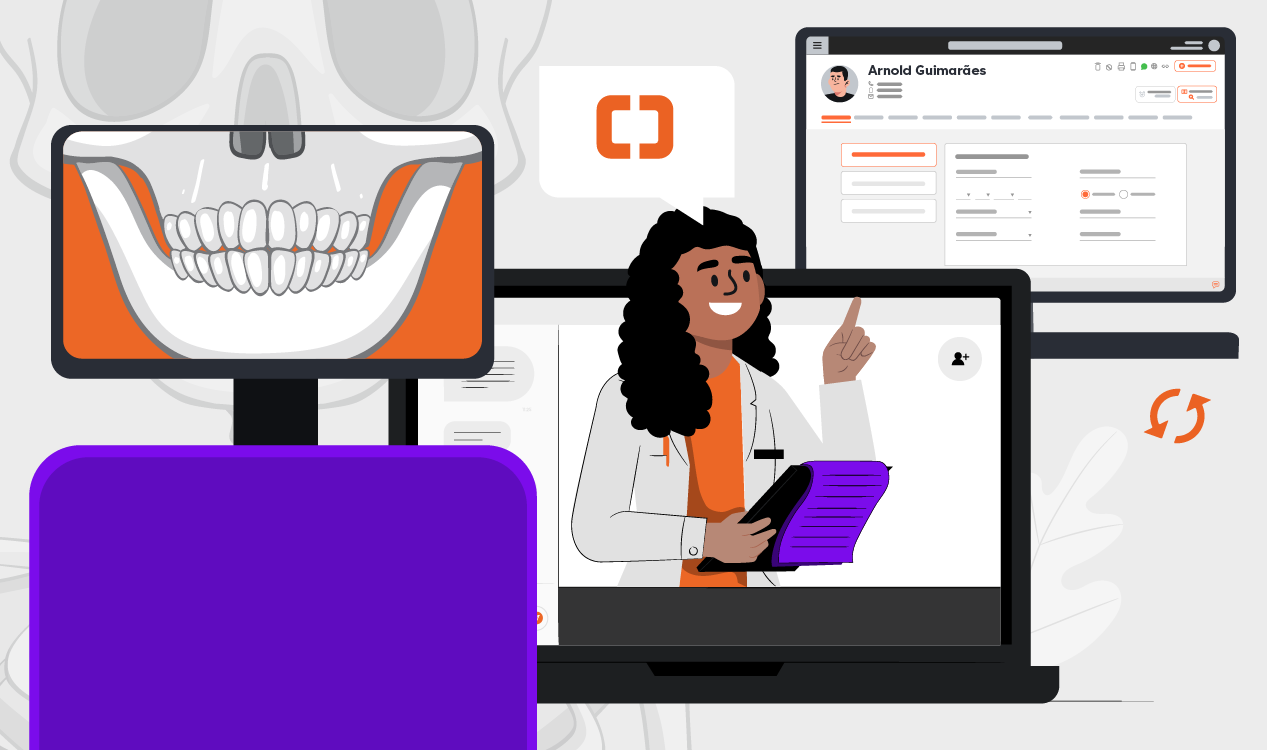 A ilustração mostra a integração entre a radiologia digital e o software odontológico da Clinicorp. Em destaque, há uma radiografia odontológica em uma tela, uma dentista sorridente realizando atendimento online e, ao fundo, a interface do sistema com os dados do paciente.
