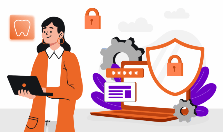 Ilustração de uma cirurgiã-dentista segurando um laptop, ao lado de ícones de segurança digital como cadeados, escudo e engrenagens, representando a importância da proteção de dados e da pseudonimização no consultório odontológico.