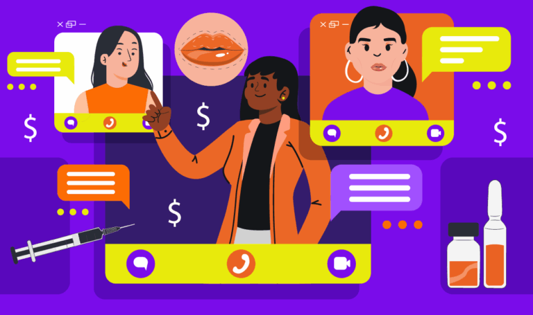 Teleconsulta na estética avançada. Imagem ilustrativa de uma profissional em chamada de vídeo com suas pacientes. No fundo da imagem, podemos ver alguns ícones relacionados à estética avançada, como seringas e cifrões.