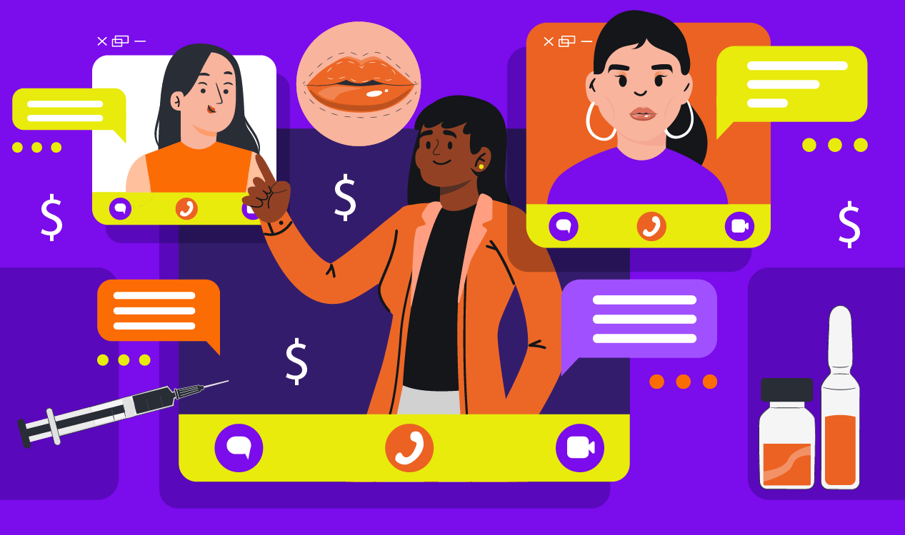 Teleconsulta na estética avançada. Imagem ilustrativa de uma profissional em chamada de vídeo com suas pacientes. No fundo da imagem, podemos ver alguns ícones relacionados à estética avançada, como seringas e cifrões.