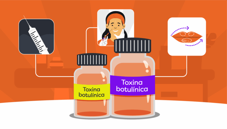 Toxina botulínica. Imagem ilustrativa de dois frascos com toxinas, com a imagem de um procedimento sendo feito, uma seringa e lábios.