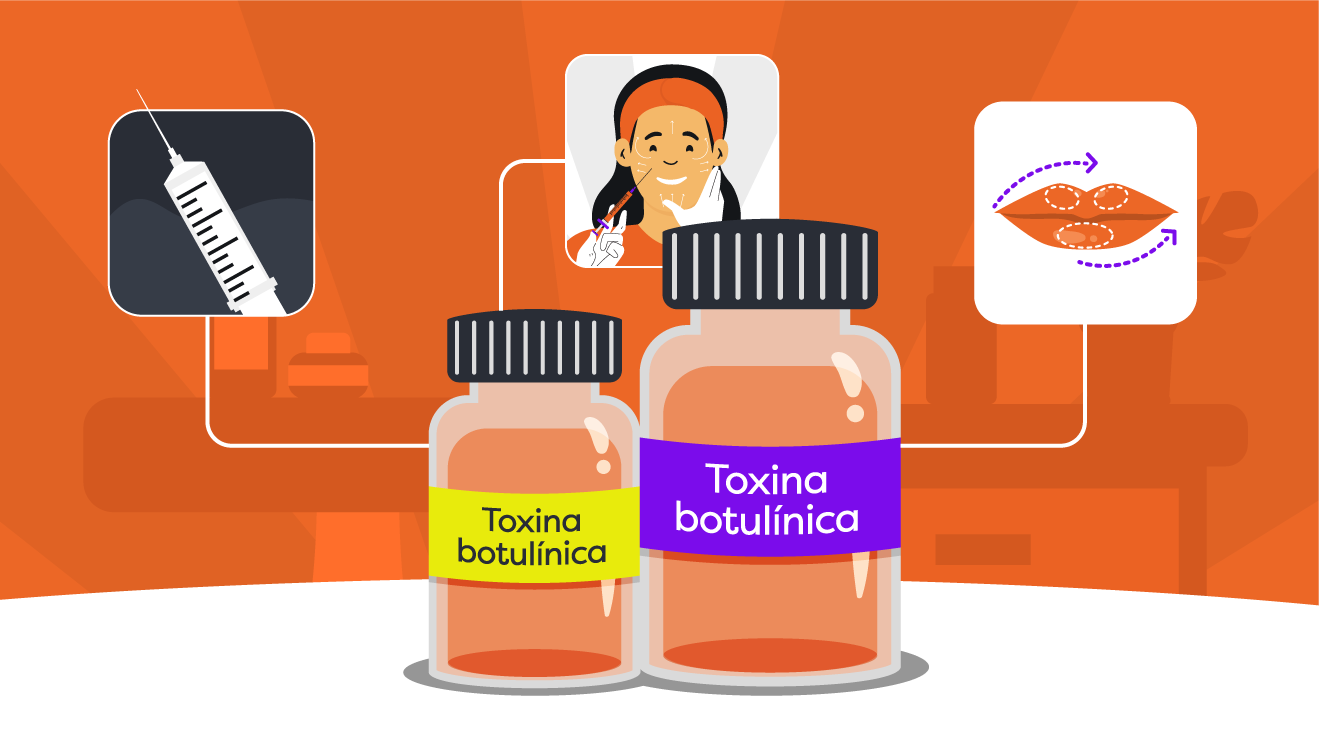 Toxina botulínica. Imagem ilustrativa de dois frascos com toxinas, com a imagem de um procedimento sendo feito, uma seringa e lábios.