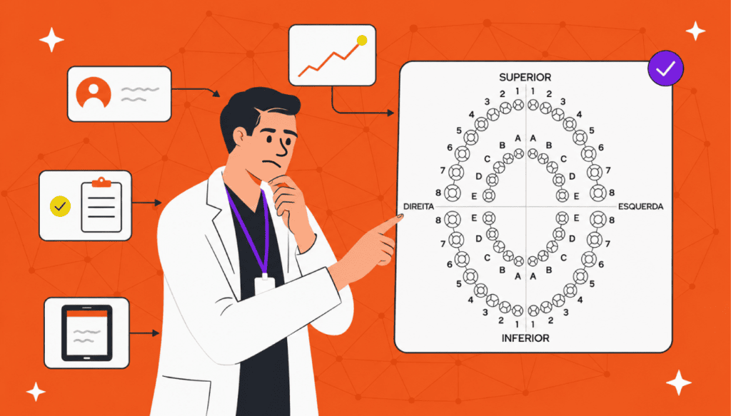 Ilustração de dentista analisando odontograma digital com dados do paciente, histórico clínico e gráfico de crescimento ao lado.