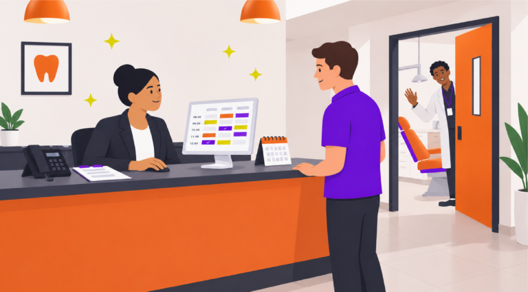 Ilustração de recepcionista realizando o agendamento odontológico de um paciente no balcão da clínica, com agenda digital na tela do computador e dentista acenando ao fundo.