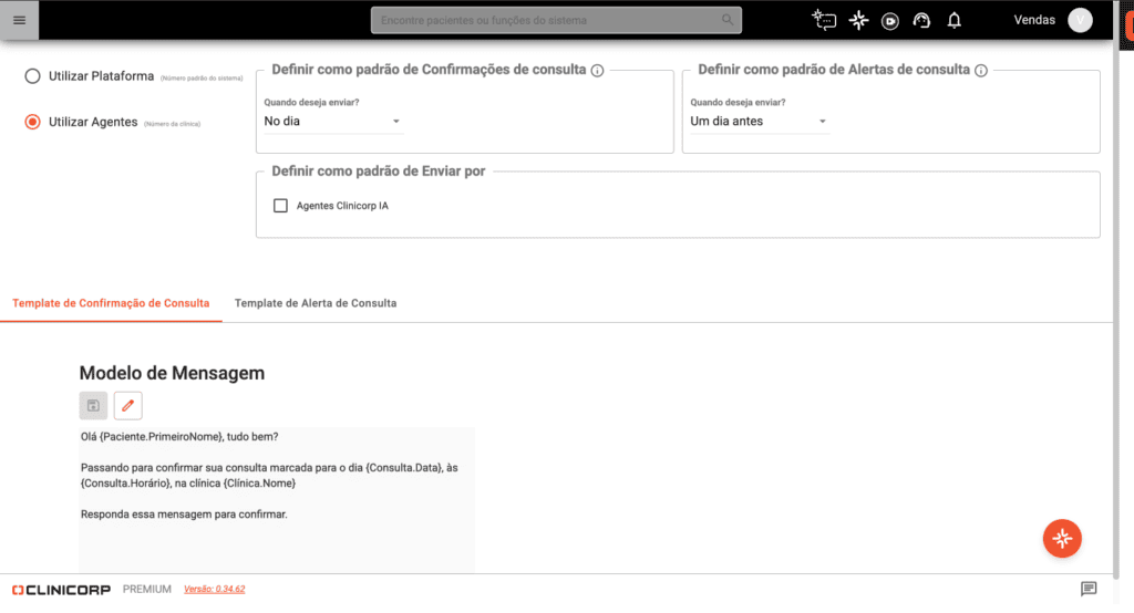 Atendimento odontológico: tela de configuração de mensagens de confirmação de consultas dentro do sistema Clinicorp.