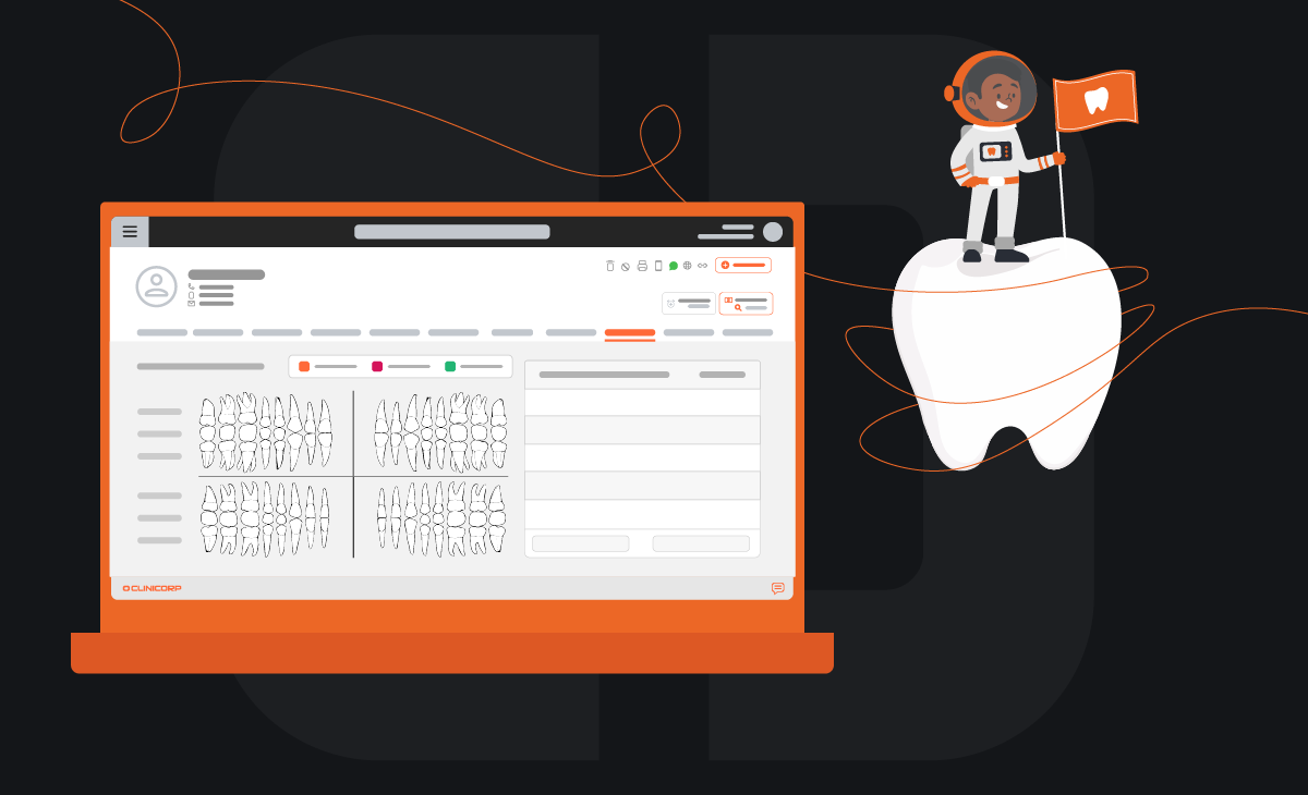 Imagem de um computador com o odontograma do Clinicorp na tela.