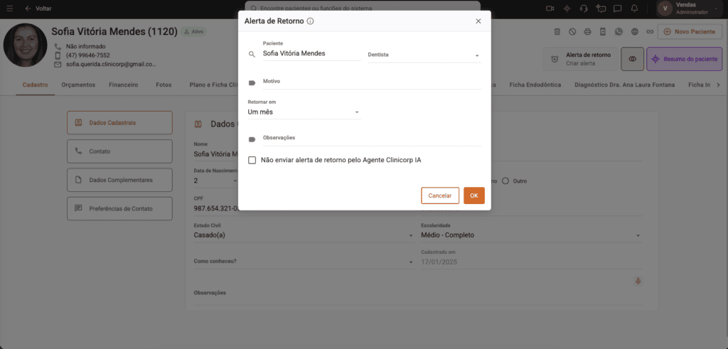 Tela de Alerta de Retorno do software odontológico Clinicorp.