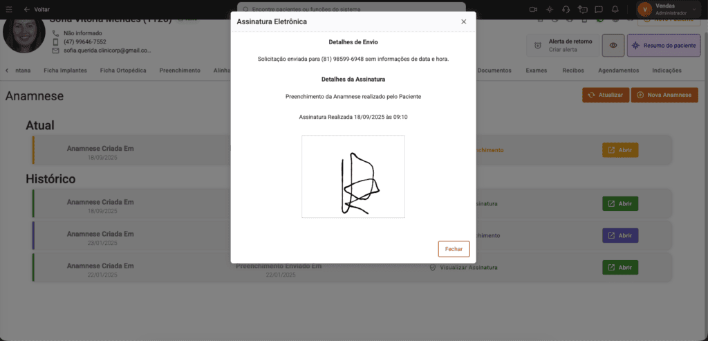 Tela de assinatura eletrônica da anamnese digital do software odontológico Clinicorp.