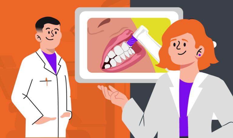 Imagem ilustrada de dentistas realizando o procedimento de profilaxia dental.