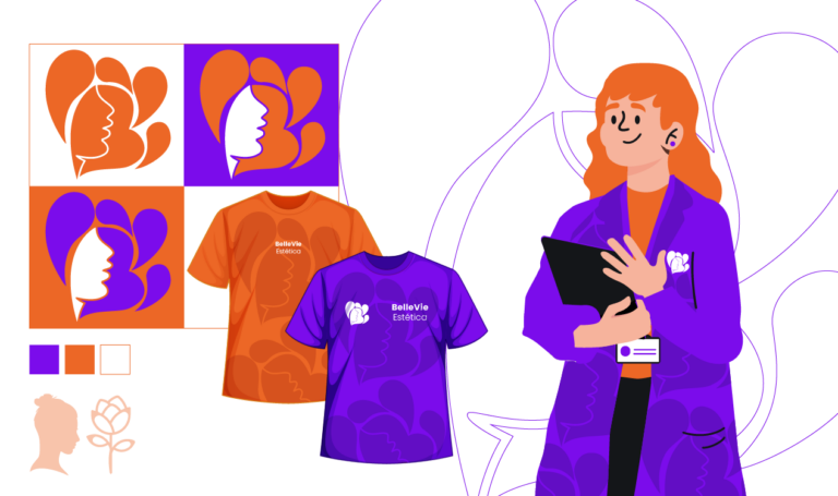 Identidade visual na estética representada pelo branding da clínica 'BelleVie Estética', com logotipo, paleta de cores laranja e roxa, uniformes personalizados e profissional vestindo jaleco padronizado segurando uma prancheta. Elementos gráficos reforçam a identidade visual da marca.