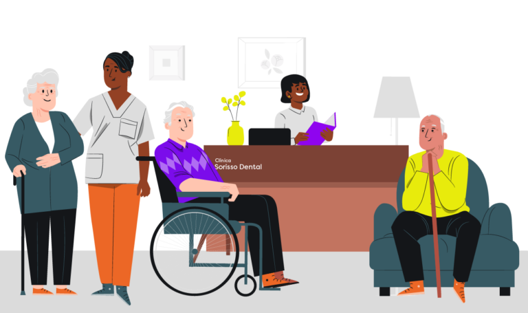 Odontogeriatria: imagem ilustrativa de idosos consultando com dentistas.