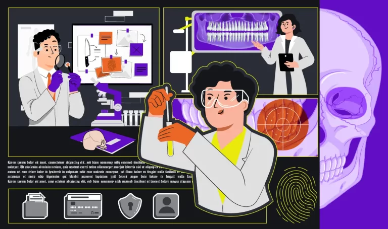 Odontologia forense. Odontolegista analisando evidências.