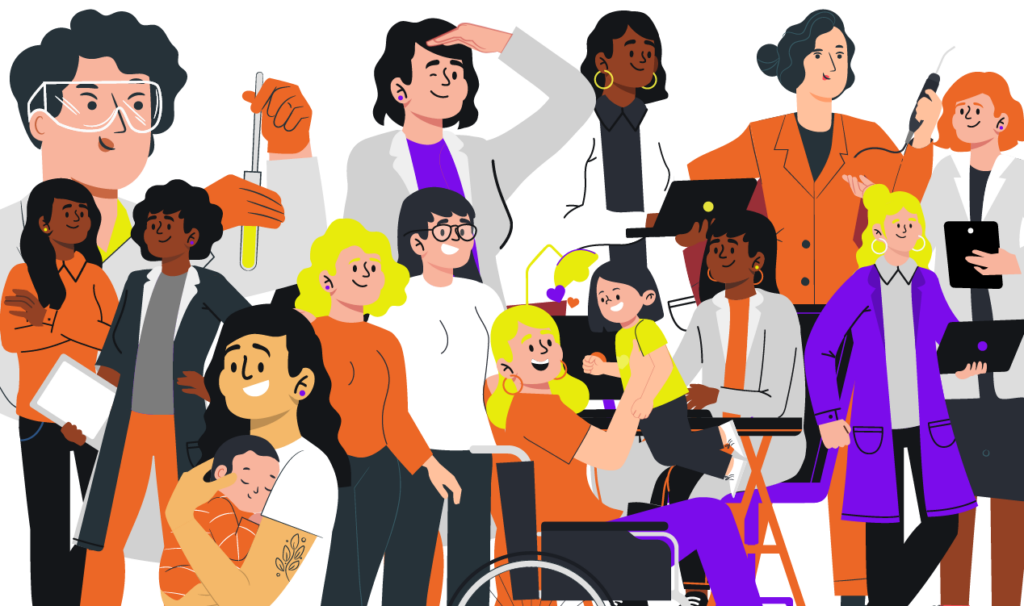 Dia internacional das mulheres: imagem ilustrativa de mulheres destacadas em várias áreas do conhecimento, incluindo odontologia.