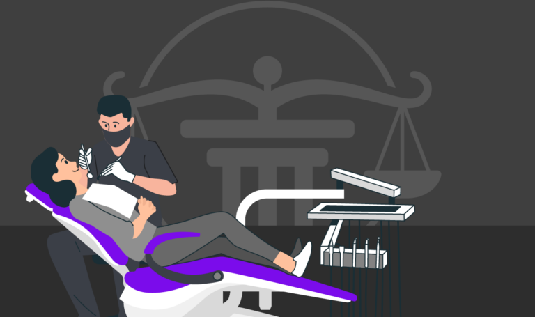 Ilustração de balança com símbolo da justiça e um dente, representando o direito do consumidor no tratamento odontologico.