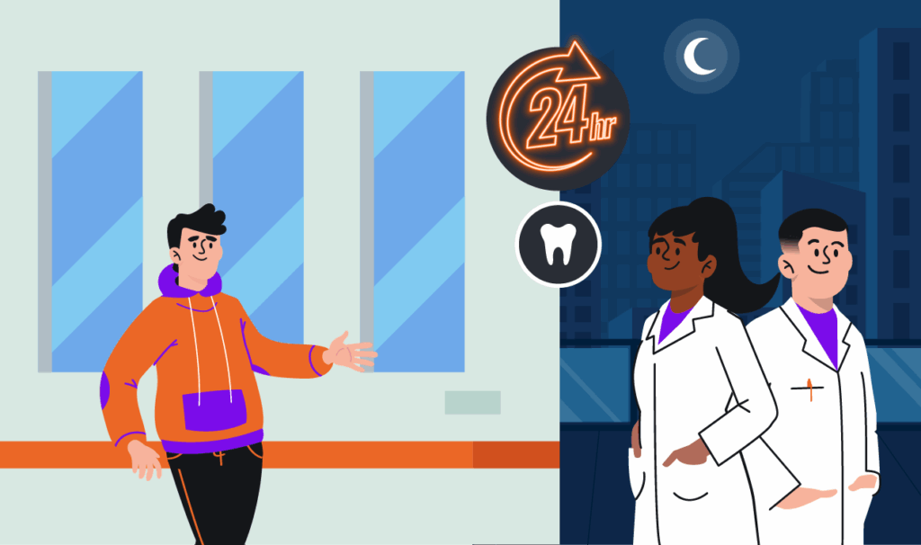 Cena noturna de uma clínica odontológica iluminada, com um dentista 24 horas atendendo um paciente em situação de urgência.