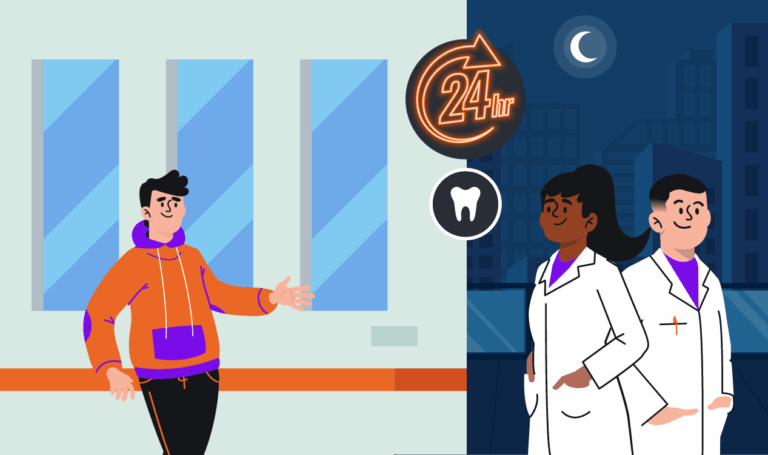 Cena noturna de uma clínica odontológica iluminada, com um dentista 24 horas atendendo um paciente em situação de urgência.