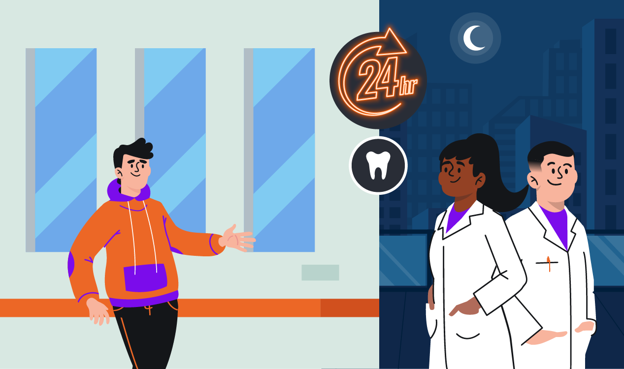 Cena noturna de uma clínica odontológica iluminada, com um dentista 24 horas atendendo um paciente em situação de urgência.