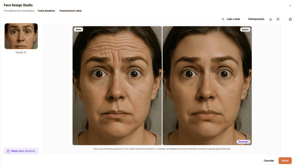 Imagem do Face Design Studio do software odontológico Clinicorp, exibindo simulação de resultado de toxina botulínica e preenchimento labial com comparação antes e depois em foto real da paciente. Recurso de apoio à decisão em tratamentos de harmonização orofacial.