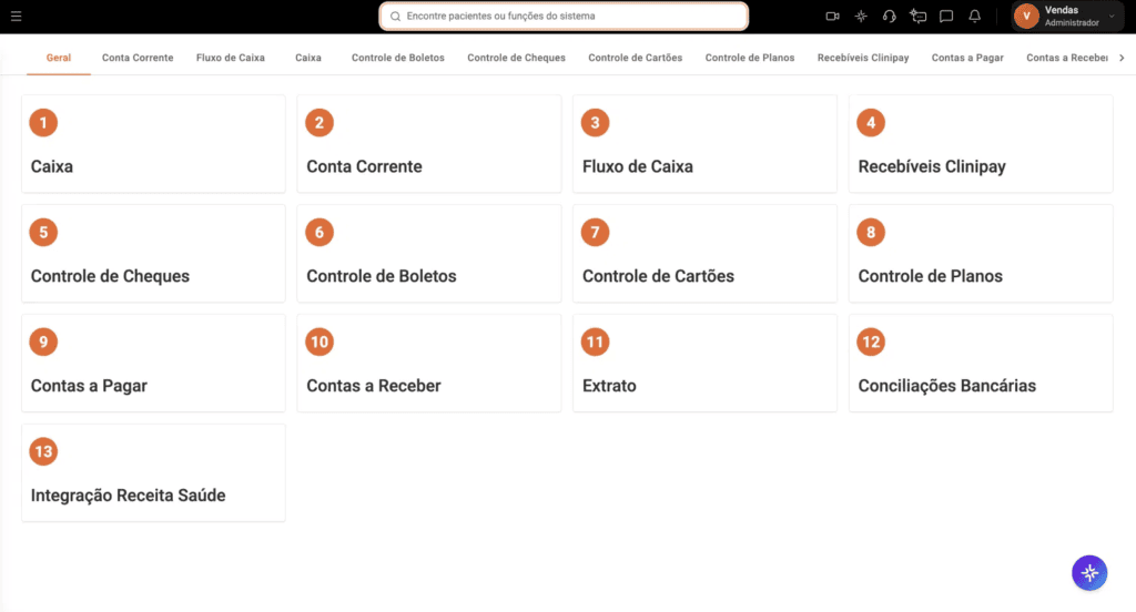 Imagem do painel financeiro do Clinicorp, exibindo 13 módulos integrados incluindo Fluxo de Caixa, Controle de Boletos, Contas a Pagar e Conciliações Bancárias, controle financeiro completo para clínicas de estética que trabalham com preenchedores faciais.