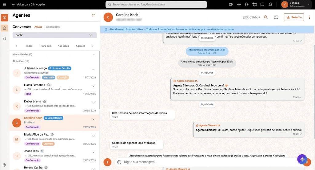 Imagem dos Agentes Clinicorp IA exibindo conversas ativas de confirmação de consulta pelo WhatsApp, com mensagens automáticas de confirmação de presença enviadas aos pacientes, recurso para acompanhamento contínuo em clínicas de estética avançada.