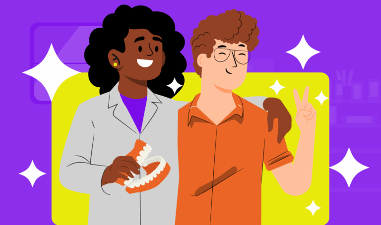 Dia do dentista na odontologia: imagem ilustrativa de amigos em uma clínica odontológica.