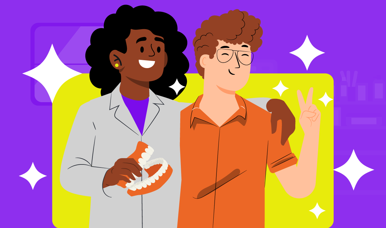 Dia do dentista na odontologia: imagem ilustrativa de amigos em uma clínica odontológica.