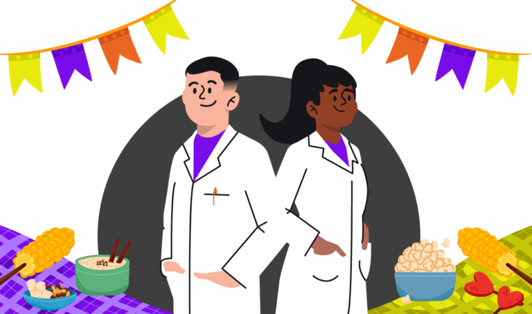 Festa junina para dentistas. Profissionais em uma clínica com decoração junina.