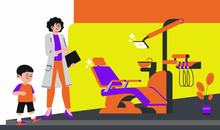Síndrome de Down na Odontologia. Ilustração de consultório clínico com profissional dentista acompanhando criança com síndrome de down.