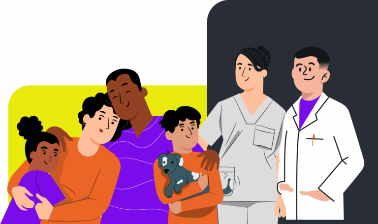 Atendimento odontológico para pacientes com autismo: imagem ilustrativa de paciente com TEA e seus familiares e dentista.