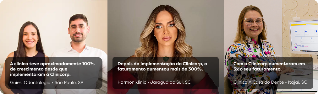 software odontologico. Conjunto contendo 3 imagens de clientes de diferentes clinicas odontológicas usuários do software clinicorp