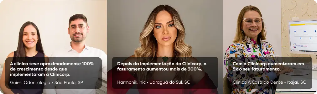software odontologico. Conjunto contendo 3 imagens de clientes de diferentes clinicas odontológicas usuários do software clinicorp