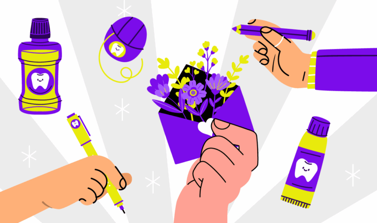 Imagem ilustrativa de um profissional oferecendo presentes personalizados para seus pacientes, como canetas, cartas e itens de higiene bucal.